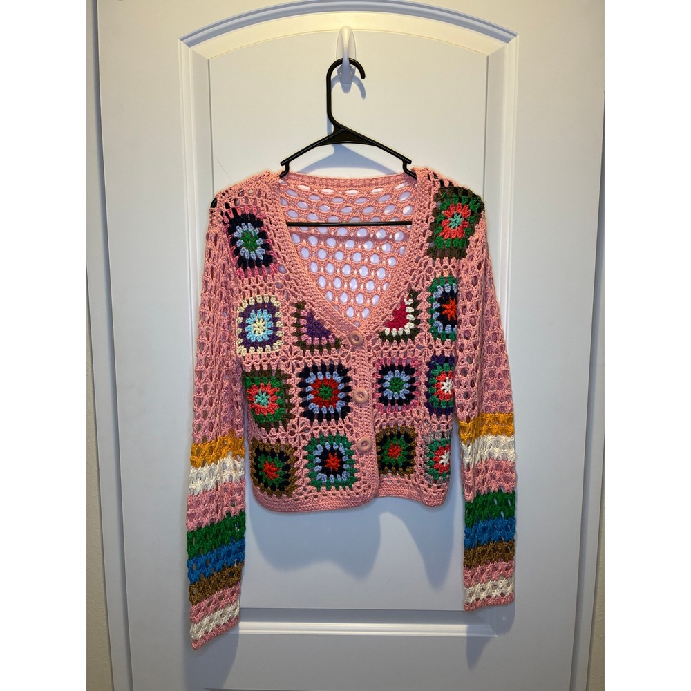 Pink Crotchet Vintage Cardigan Sweater with colorful block pattern Size XS-Small